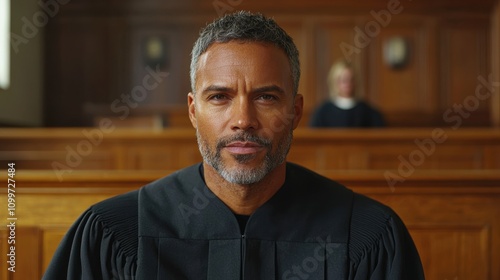 Judge presiding in a courtroom during a legal proceeding with a serious demeanor photo