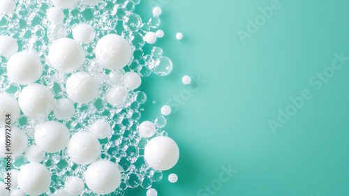 Soft foam lather with shimmering bubbles on mint background