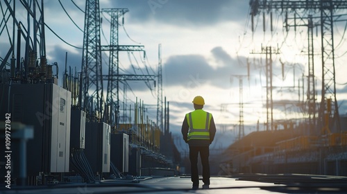 Engineer Inspecting Substation Equipment at Sunset in Power Industry photo