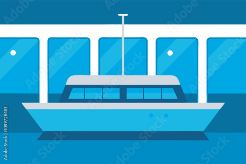 A serene image of a boat with blue and white detailing, including rectangular windows and a flagpole, evoking a tranquil atmosphere.