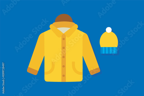 Yellow raincoat and hat on blue background exude simplicity and calmness.