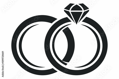 Image: elegant intertwined wedding rings with a diamond, simple black outlines on white background, sophisticated design.