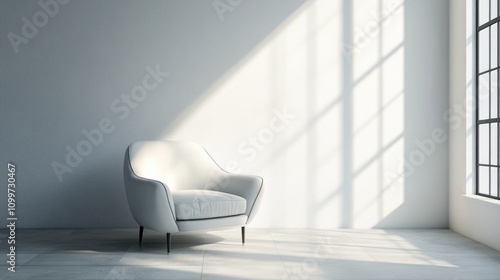 Minimalist interior featuring a luxurious white chair in a bright room casting shadows from a large window The space includes white walls and a tiled floor offering room for text