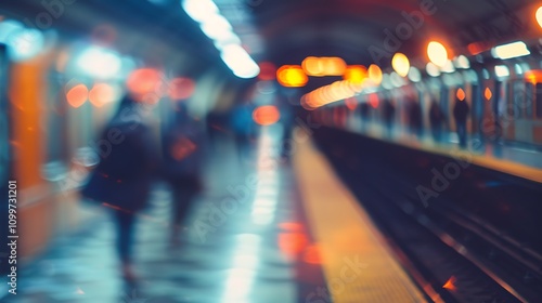 Wallpaper Mural A blurred image of a subway station with people walking along the platform and lights illuminating the scene. Torontodigital.ca