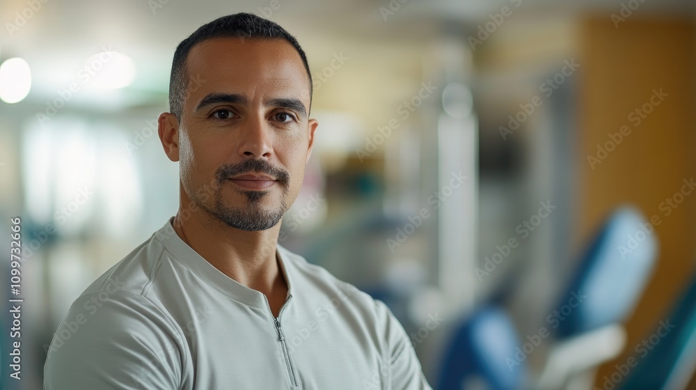 Obraz premium Physical therapist in a gym setting, confidently posing with arms crossed, showcasing a professional demeanor and a well-maintained appearance.