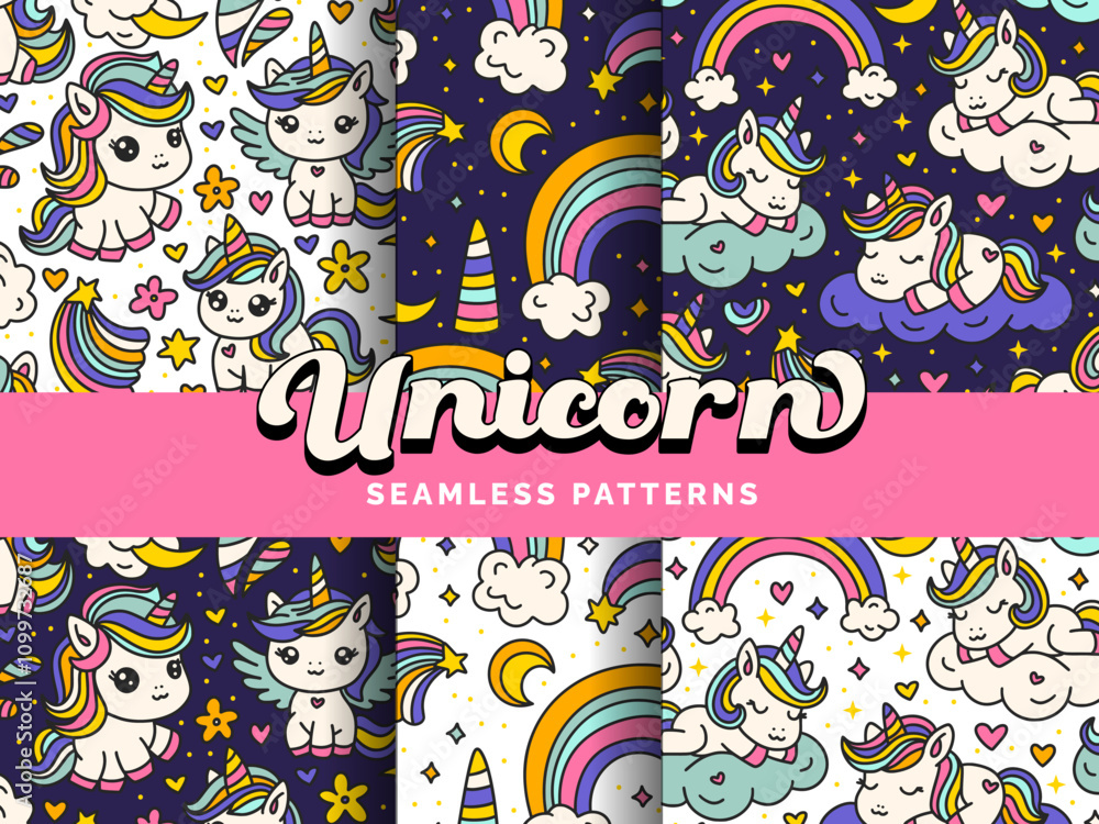 Fototapeta premium Baby cute children patterns magical unicorns rainbows clouds stars magic skies
