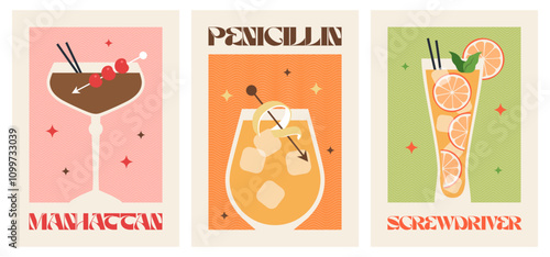 Poster drink set. Cocktail arts. Retro posters with alcohol cocktails. Manhattan. Penicillin. Screwdrivers. 90s 80s 70s groovy posters. Modern trendy print. Drink with fruit and ice.