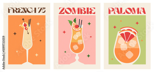 Poster drink set. Cocktail arts. Retro posters with alcohol cocktails. Zombie. French 75. Paloma. 90s 80s 70s groovy posters. Modern trendy print. Drink with fruit and ice.