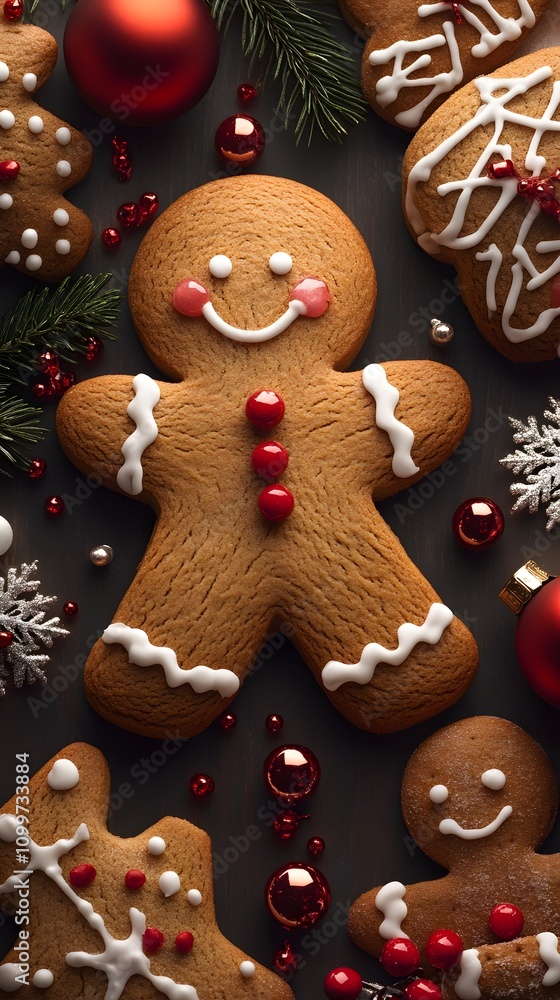 Festive gingerbread cookies on a dark wooden surface with Christmas decorations. Festive gingerbread cookies on a dark wooden surface with Christmas decorations.