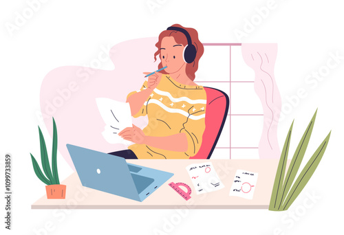 Student distant workspace. Woman employee with laptop paperwork in home office, school working with online learner remote computer work exam freelance education vector illustration