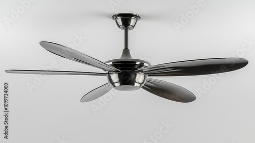 Sleek modern ceiling fan featuring a polished metallic finish and five aerodynamic blades for efficient airflow and contemporary style. photo