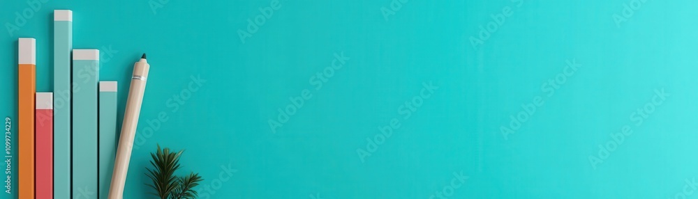 Obraz premium A vibrant workspace featuring colorful test tubes, a pencil, and a minimalist design on a turquoise background.
