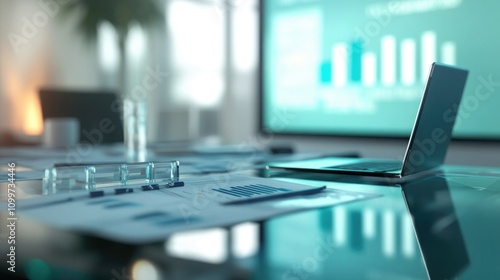 Wallpaper Mural High-definition close-up of a glass-top conference table featuring neatly organized paperwork Torontodigital.ca