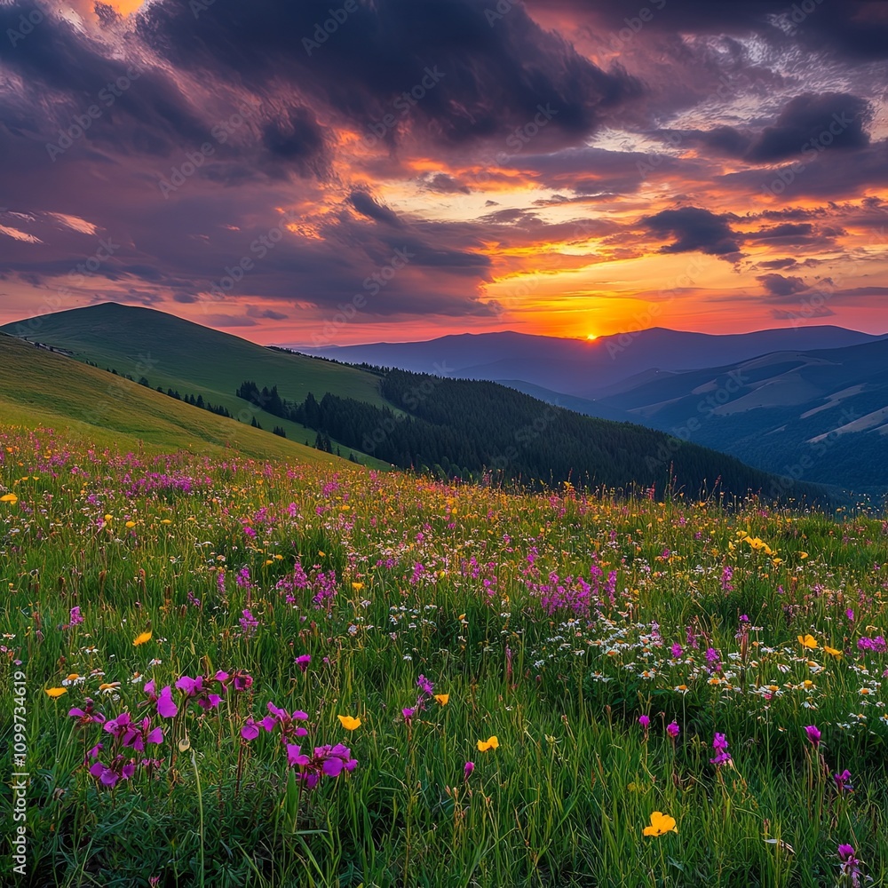 Obraz premium Picturesque scenery of summer green hills under a gorgeous sunset sky with clouds. Wildflowers on a green grass meadow. Carpathian mountains. Ukraine.