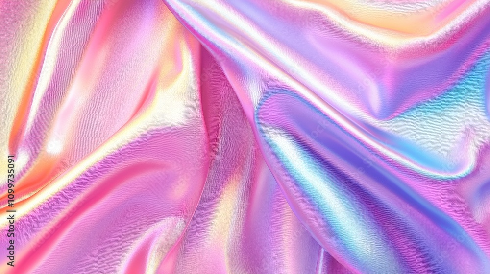 Obraz premium Iridescent Silk Fabric with Soft Creases in Pastel Hues of Pink, Blue, and Purple Ideal for Luxury Backgrounds and Elegant Designs