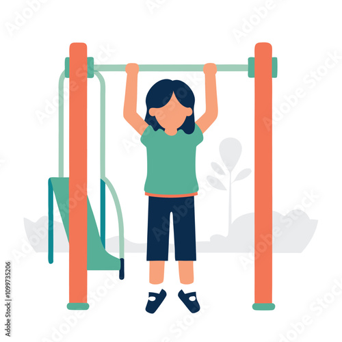 Girl doing pull-ups on the playground. Flat style vector illustration.