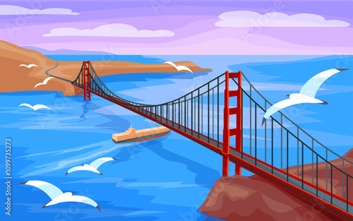 Golden gate bridge. Urban bridges tour in san francisco city, california life america tourism frisco ocean island connection, USA travel cartoon landscape neat vector illustration
