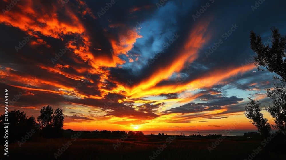 Fototapeta premium Vibrant Sunset Illuminating Solar Panels with Dramatic Cloud Patterns and Golden Horizon Highlighting Innovation in Harmony with Nature