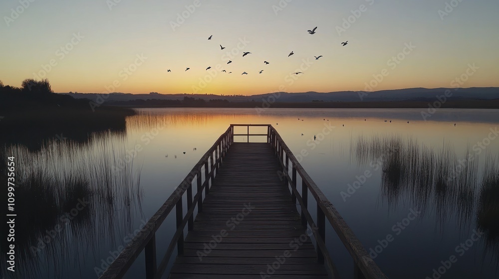 Fototapeta premium Serene Sunset Over Calm Lake With Birds And Wooden Dock