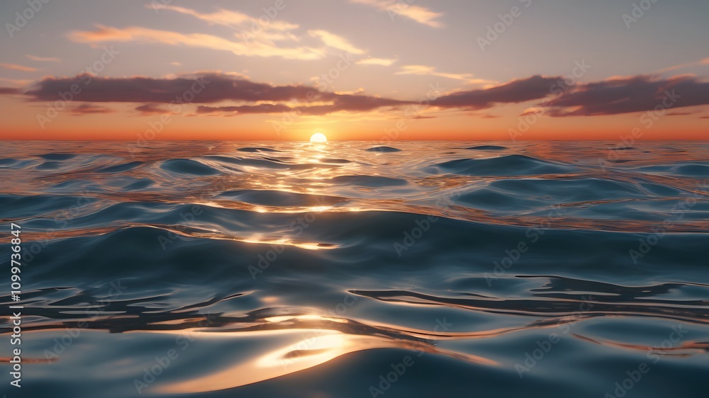 Fototapeta premium Spectacular Abstract Ocean Scene – Calm Waters with Sunrise Reflections and Vibrant Sky, 3D Digital Art 