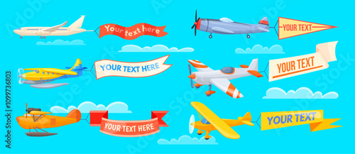 Airplanes with ribbons. Plane with flag banner, aeroplane pull ribbon text message air advertising retro aircraft placard in cloud sky flying aerial poster neat vector illustration