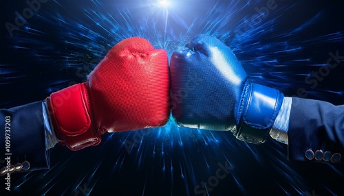 Business Battle: Two gloved hands clash in a dramatic confrontation, symbolizing the fierce competition and intense rivalry in the corporate world. photo