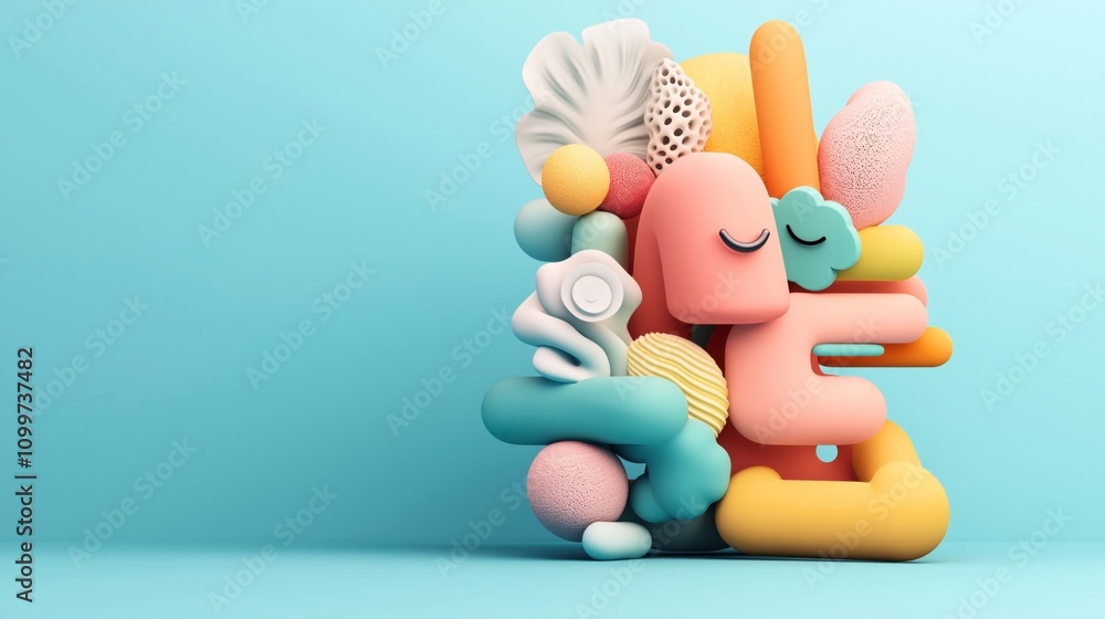 Obraz premium Colorful abstract 3D objects arranged in a playful and whimsical composition on a blue background.