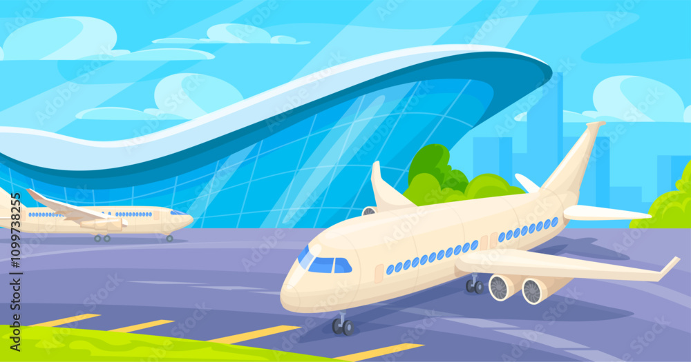 Fototapeta premium Airplane at airport landscape. Passenger aircraft arrival on runway or preparing takeoff outdoor city airline terminal building, plane flight departure neat vector illustration