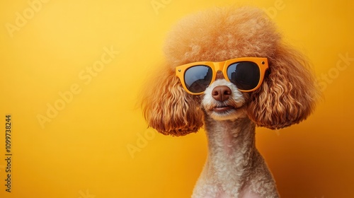 Adorable Poodle with Bright Orange Sunglasses Poses Against a Vibrant Yellow Background, Exuding Charm and Playfulness Perfect for Pet Lovers and Fun Themes photo