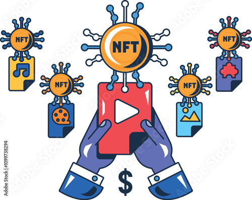 Multi colored selecting unique media file for NFT purchase. Selection of unique object for collection. Purchase in blockchain network. Futuristic cartoon outline vector isolated on white background