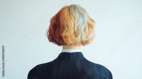 Stylish short perm hairstyle for women showcasing a blend of vibrant hair colors viewed from the back against a clean white background.