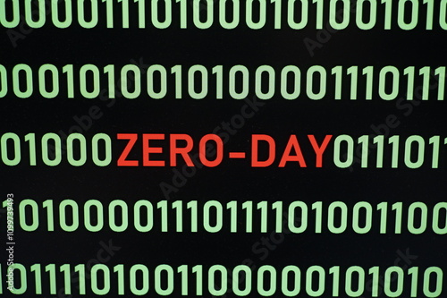 ZERO-DAY text and binary code concept from the desktop computer screen,ZERO-DAY vulnerability concept (also known as a 0-day)A zero-day vulnerability is a flaw in software or hardware. photo