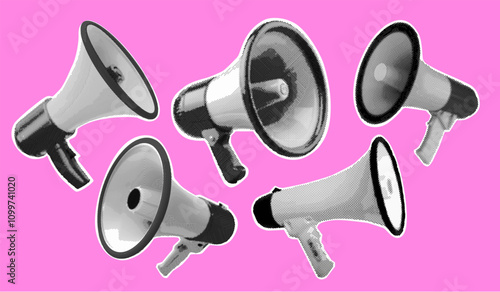 Halftone loudspeakers. Realistic megaphone speaker pop art collage, loud announce message alert music sound speech bullhorn microphone voice broadcast, exact vector illustration