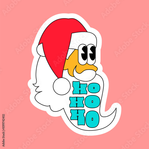 Funny face of Santa Claus with white beard in red cap with bulging eyes. New Year velcro for decorating gift or card in style of 2000. Cartoon Y2K retro sticker on pink background