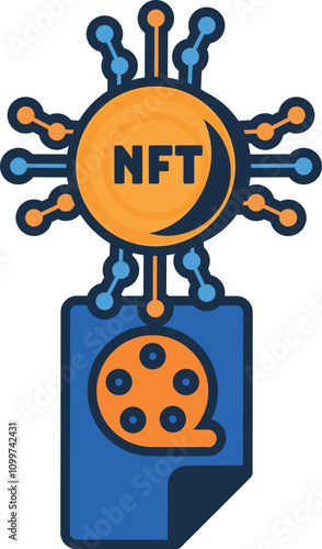 Multi colored NFT movie file. Assigning unique code to cinema file. Secure digital rights to ownership. Futuristic cartoon outline vector isolated on white background