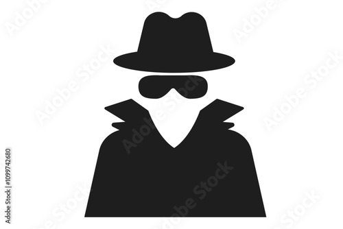 Incognito icon, mystery secret spy or detective silhouette, figure with hat glass or mask. Anonymous invisible character figure. 