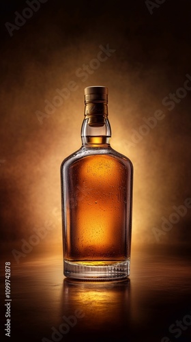 A bottle of whiskey. Strong alcohol. Alcoholic drink.