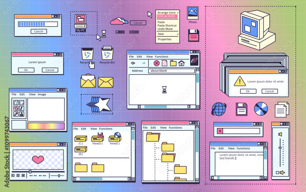 Vintage desktop windows. Old computer retro interface, search browser frame file tab gui element user page cyber system 80s 90s 2000s aesthetic template, classy vector illustration