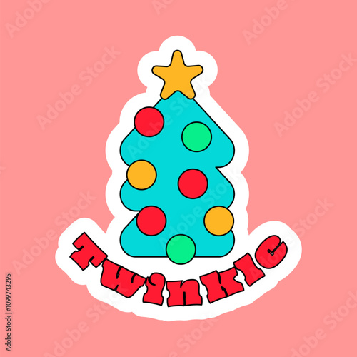 Christmas tree decorated with balls, star and twinkle inscription. New Year velcro for decorating gift or card in style of 2000. Cartoon Y2K retro sticker on pink background