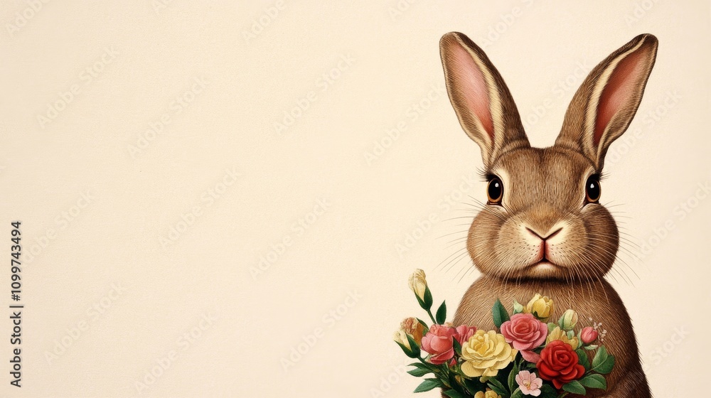 Obraz premium Antique Easter card featuring a Victorian bunny holding a bouquet of flowers, muted pastels and gold accents, soft sepia tone
