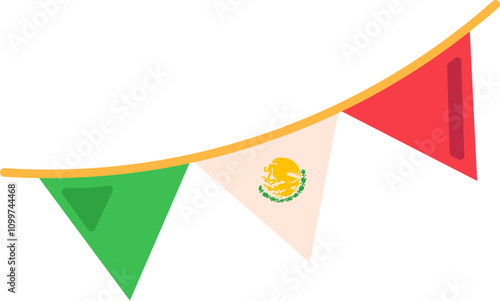 Triangular carnival flags in colors of Mexican flag gathered in garland. Element of Hispanic holiday Cinco De Mayo. Mexican holiday icon. Simple cartoon vector element isolated on white background