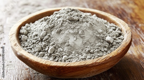 Powdered titanium dioxide in a wooden bowl showcasing its fine, gray texture, commonly used in industrial applications and as a pigment. photo