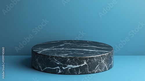 Black Marble Cylinder Display Platform On Blue Background
