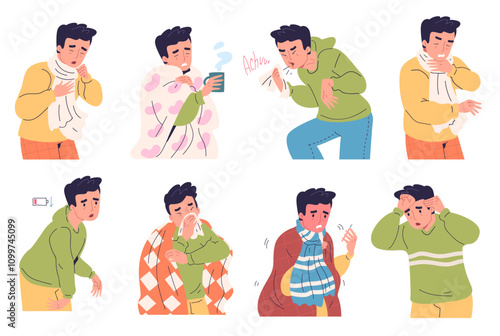 Man cold symptoms. Male person feeling fever coldness weak headache flu illness symptom, chilling coughing sick guy common influenza infection, cartoon classy vector illustration