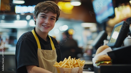 Young worker serves fries at a busy food counter in a restaurant photo