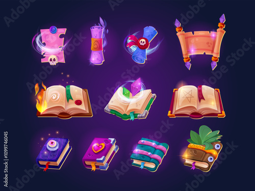 Magic book parchments. Fairy papyrus magical scroll and wizard spell ancient books, fantasy game map old paper roll manuscript witchcraft school library, swanky vector illustration