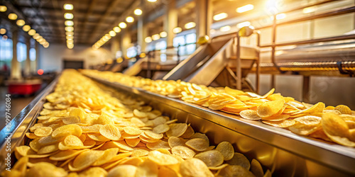 Potato chips on a modern production line, close-up shot, emphasizing the cleanliness and advanced technology of the process photo