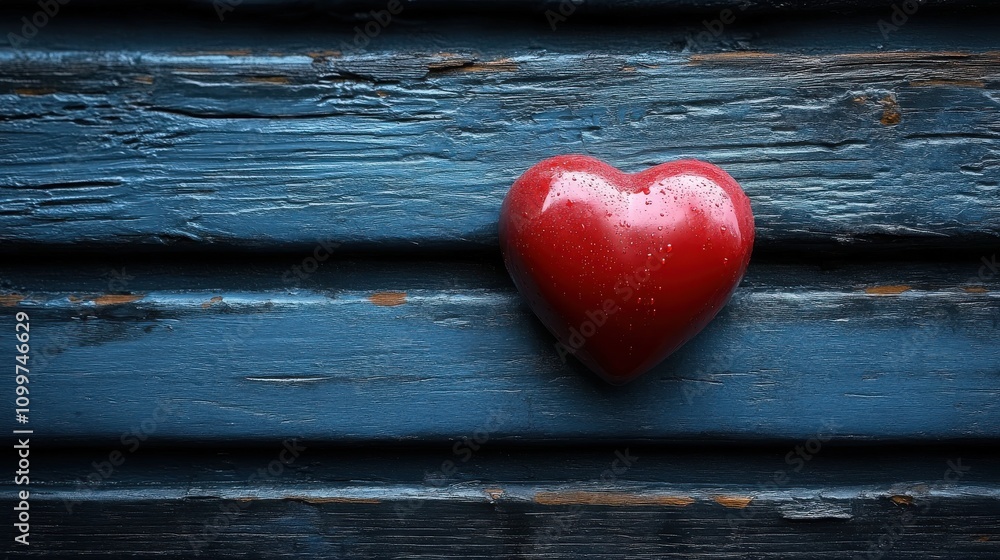 Fototapeta premium Heart-shaped decoration rests on blue wooden surface with droplets of water