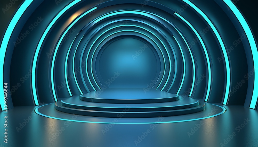 Fototapeta premium Abstract Blue Circular Stage with Neon Lighting