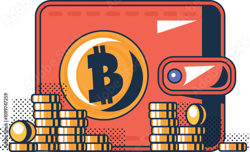 Multi colored replacing fiat money with cryptocurrency. Storing digital assets in wallet. Diversification of savings and finances. Futuristic cartoon outline vector isolated on white background